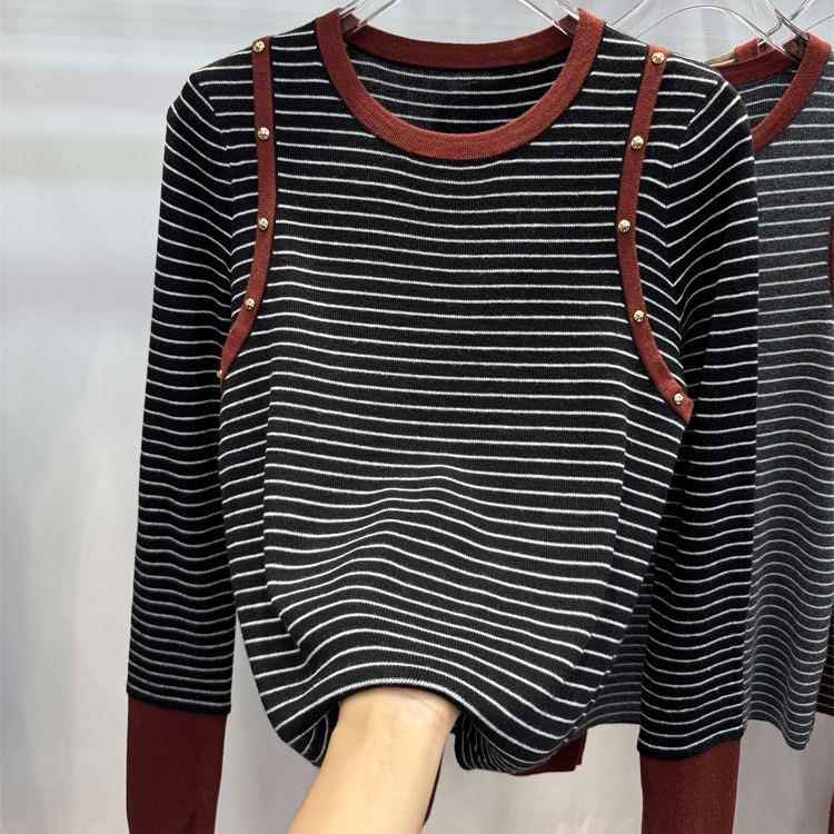 秋冬大码女装撞色圆领条纹针织上衣女洋气宽松遮肚显瘦打底1204z