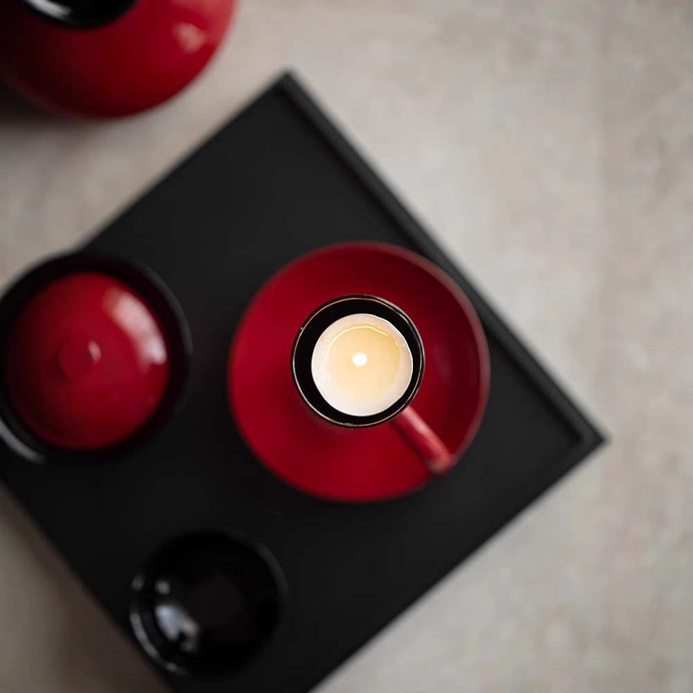 赭梦朱红光面色釉高颜值烛台茶空间家用禅意餐桌茶几摆件茶道配件