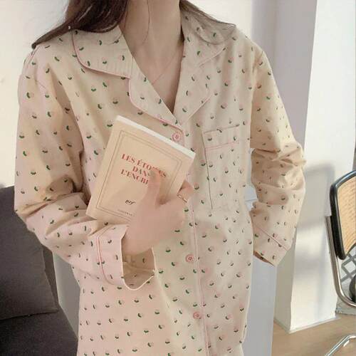 Cotton Sleepwear Korean Pajamas Women Summer Cute Heart Prin