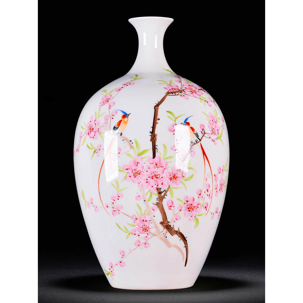 景德镇陶瓷器家居插花装饰花瓶手绘桃花中式工艺品摆件客厅电视柜