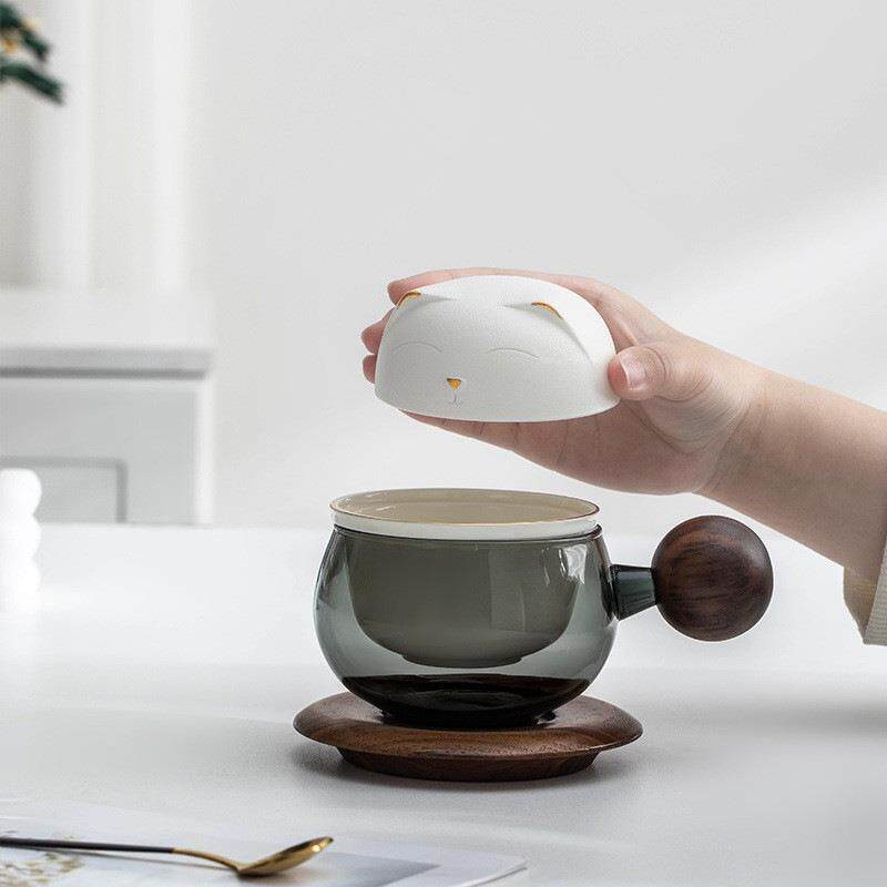 招财猫玻璃轻奢茶咖茶水分离泡茶杯一体杯办公室高档咖啡杯子送礼