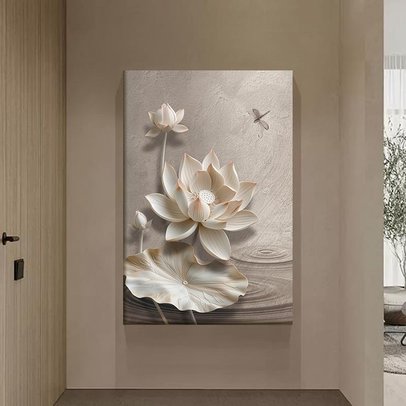 侘寂风玄关装饰画立体荷花走廊过道挂画高级感新中式客厅画奶油风图片