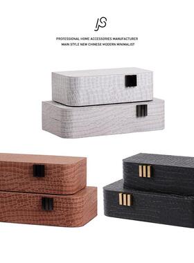 轻奢现代木质黑色皮革软装首饰盒衣帽间收纳饰品盒样板房玄关装饰