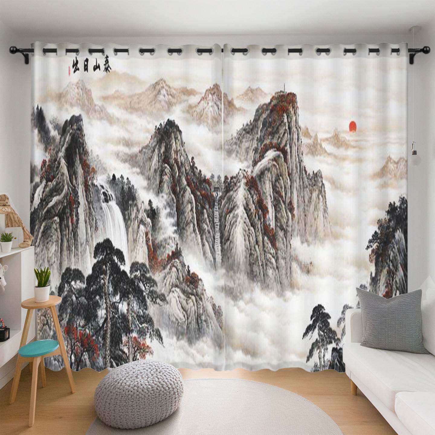 新中式山水国画水墨泰山图案窗帘卧室茶室别墅遮光隔断定制帘柯桥