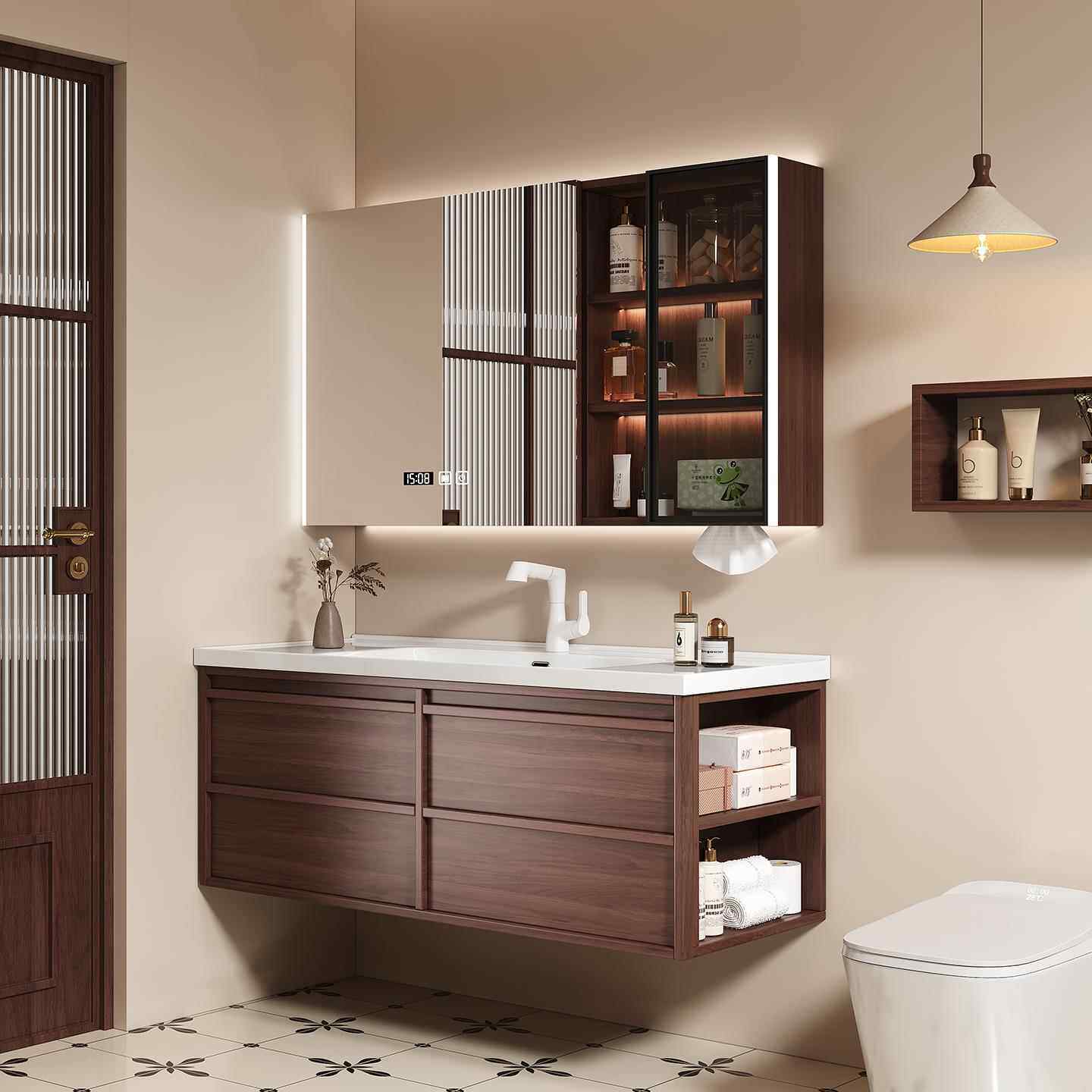 中古风胡桃木色实木侧边柜浴室柜组合化妆室陶瓷一体洗手洗脸台