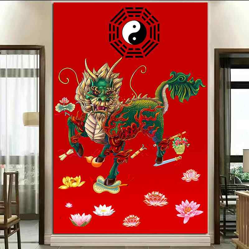 麒麟献瑞八卦图财运亨通神兽麒麟镇宅招财风水画动物画玄关挂墙画