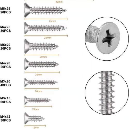 265PCS304不锈钢平头自攻螺钉M3M4M5组合装置沉头木制螺丝钉套件