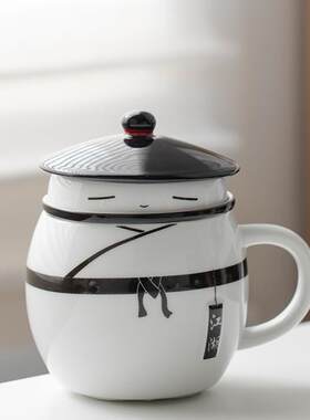 创意办公室带盖泡茶杯家用茶水分离杯过滤喝茶杯子陶瓷马克杯