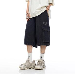 大尺码美式潮牌工装牛仔短裤男款夏季覆古高街宽松水洗覆古六分裤