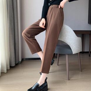 美拉德棕色直筒西裤女秋冬新款高腰休闲毛呢烟管裤加绒显瘦九分裤