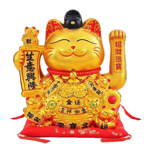 工艺品金色招财猫13寸摇手两用招财猫办公桌前台开业送礼礼品logo