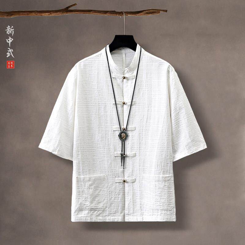 新中式唐装衬衫男棉麻铜扣提花覆古宽松五分袖大尺码短袖立领中山