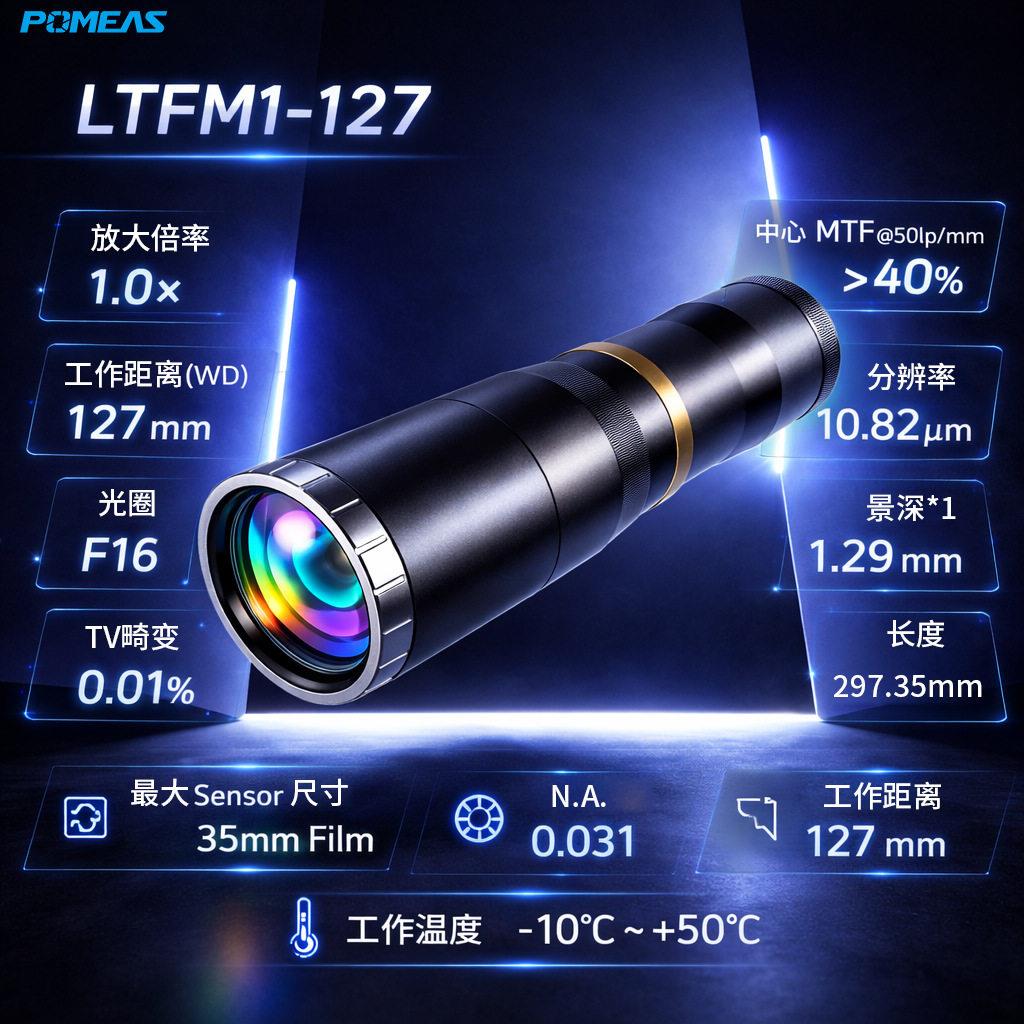 普密斯品牌F口远心镜头127支持4K8K线阵相机1X倍放大机器视觉镜头