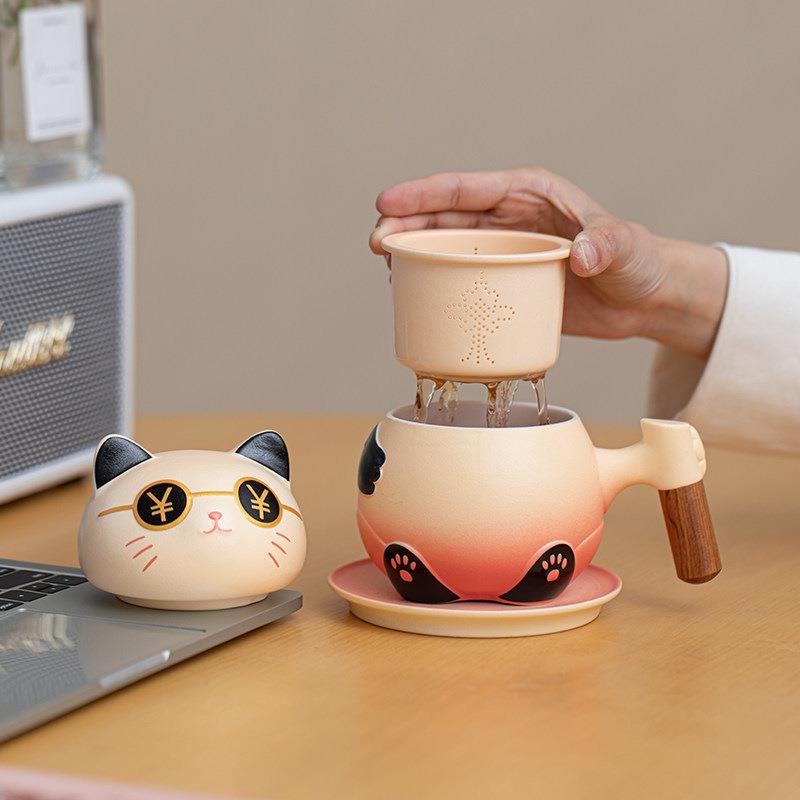 萌趣猫咪陶瓷泡茶杯家用办公室带盖过滤可爱女士个性茶水分离杯子