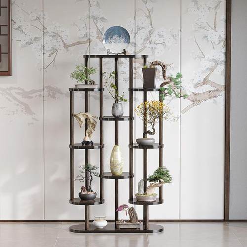 新中式博古架简约现代茶架展示架茶室置物架盆栽放置架客厅花架子