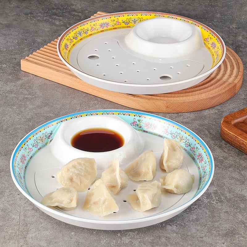 密胺水饺盘带醋碟彷瓷塑料创意圆形沥水盘子母盘装虾盘水饺盘商用