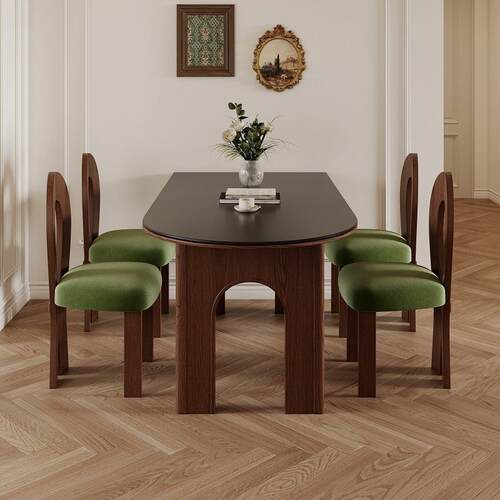 中古法式哑光黑色岩板实木小户型胡桃色白蜡木半圆靠墙岛台餐桌椅