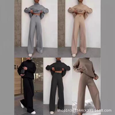 Women Turtleneck Neck Tops Leg Pants Set Casual Fashionable