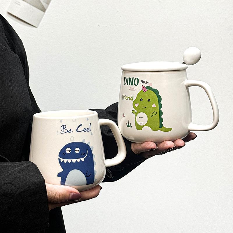 儿童陶瓷杯带盖带勺兔子女可爱喝水杯子早餐咖啡杯马克杯家用个性