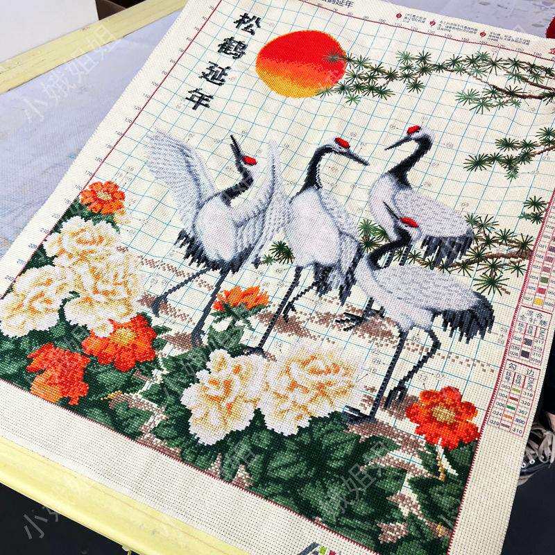 松鹤延年十字绣成品不带框纯手工已绣好2024新款线绣客厅高端贺寿