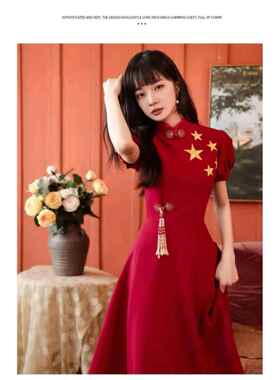 高档新合唱表演服装女比红色中长年裙主办歌诗歌朗诵赛红会晚礼服