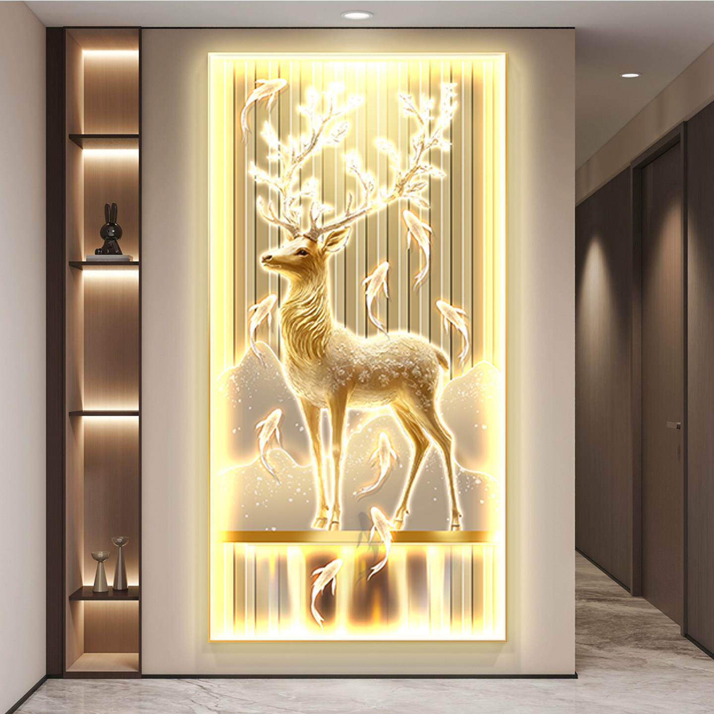福鹿轻奢玄关装饰画入户竖版简约现代高级感led灯走廊过道挂壁画