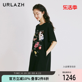 urlazh有兰夏季复古洋气，黑色涂鸦印花宽松休闲短袖连衣裙女