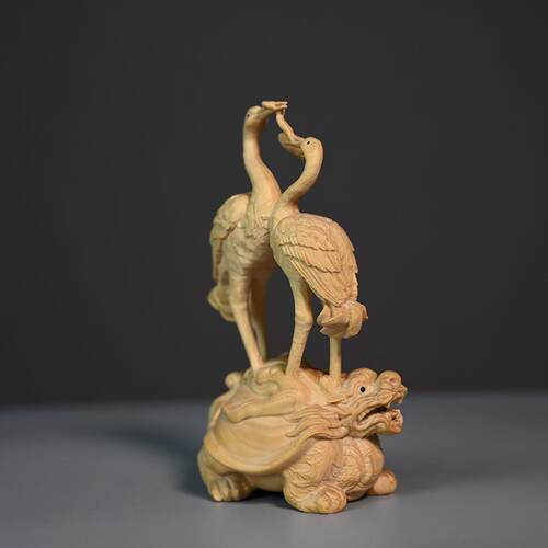 小叶黄杨木雕刻龟鹤遐?摆件家居玄关摆件办公桌面摆件木质工艺品