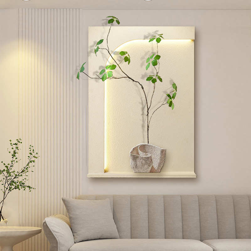 现代极简客厅装饰画绿植沙发背景墙壁画立体砂岩led灯玄关挂画