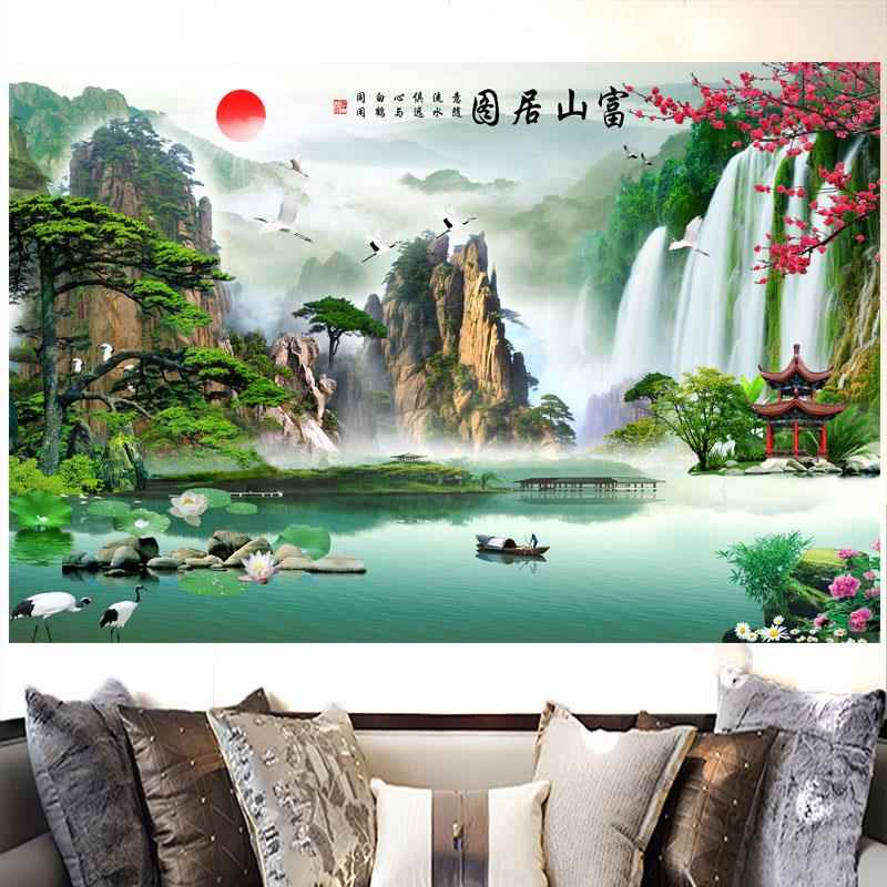 流水生财客厅办公室背景墙海报装饰画富山居图山水壁画招财贴纸画