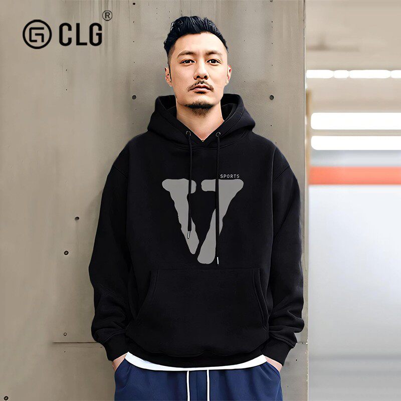 香港CLG潮牌余文乐同款潮流连帽重磅运动衫秋冬天鹅绒连帽卫衣男
