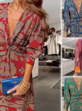 Printed collar medium length dress for women