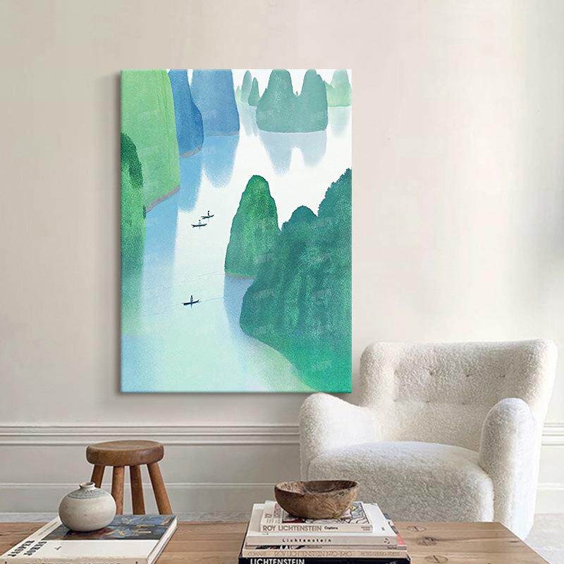 顺丰新中式青山绿水挂画客厅玄关绿色山水风景装饰画茶室水墨手绘