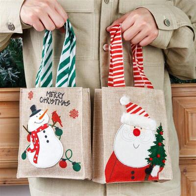 Christmas Tote Bag Santa Snowman, Burlap Gift Sack礼物袋