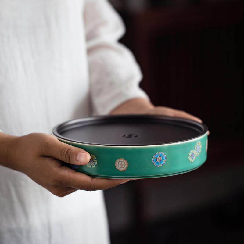 松石绿陶瓷茶盘 双层蓄水储水式干泡盘圆形茶台茶托大号壶承壶垫
