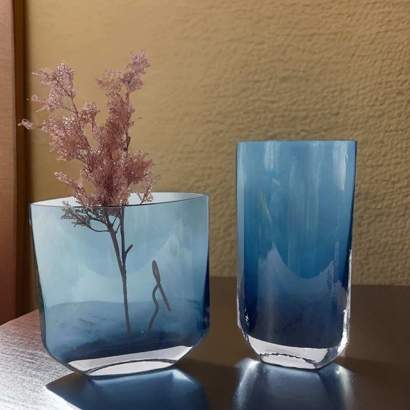 棕色琉璃刀锋扁花瓶样板房花器餐桌饰品花艺套装售楼处高端摆件