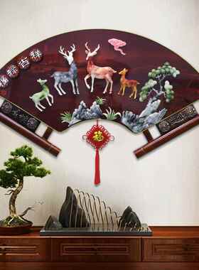 客厅沙发背景墙挂画中式餐厅墙面扇形装饰画玄关卧室挂件玉雕壁画