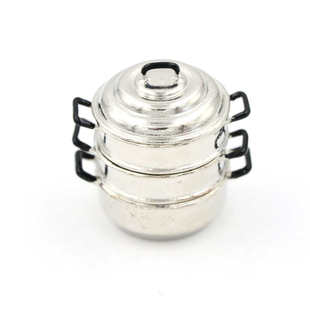 娃娃屋仿真迷你合金三层锅蒸笼锅微缩场景摆件