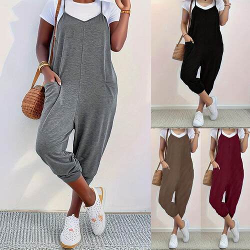 Dual Pocket Keyhole Neckline Knitted Cami Jumpsuit Tee