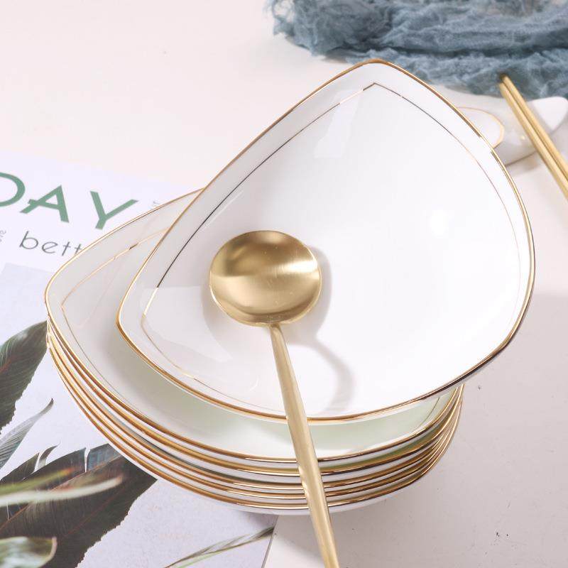 景天合陶瓷创意家用菜盘金边骨瓷三角形汤盘子意面饭盘沙拉菜碟子