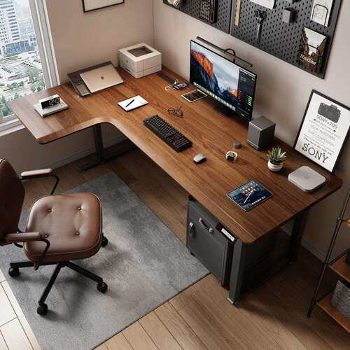 亲的四腿转角电动升降桌L型皮面实木电竞书桌家用电脑桌办公桌