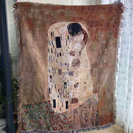 KLIMT KISS复古油画风挂布壁毯多用途装饰盖布披毯沙发巾桌布盖毯