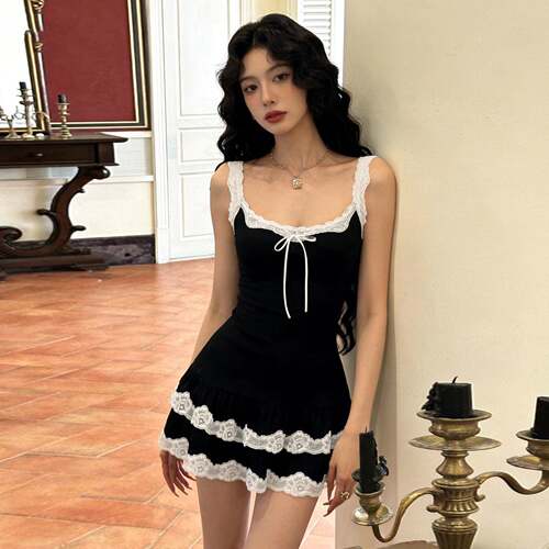 Lace Patchwork Round Neck Bow Tie Sleeveless Backless Dress