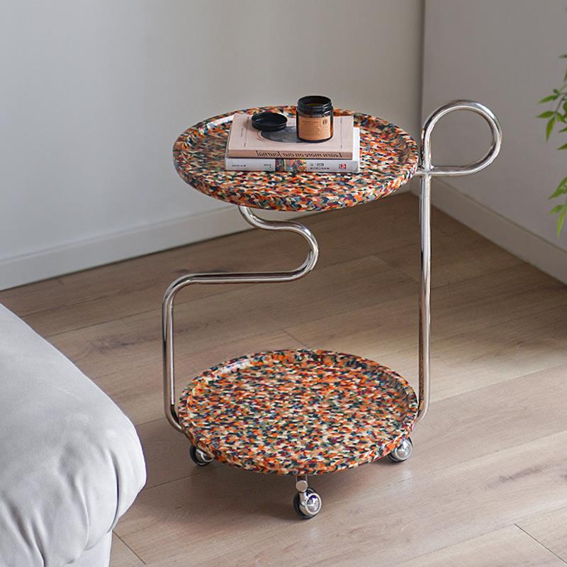 现代简约实木圆形沙发边几客厅可移动迷你小推车茶几带轮床头角几