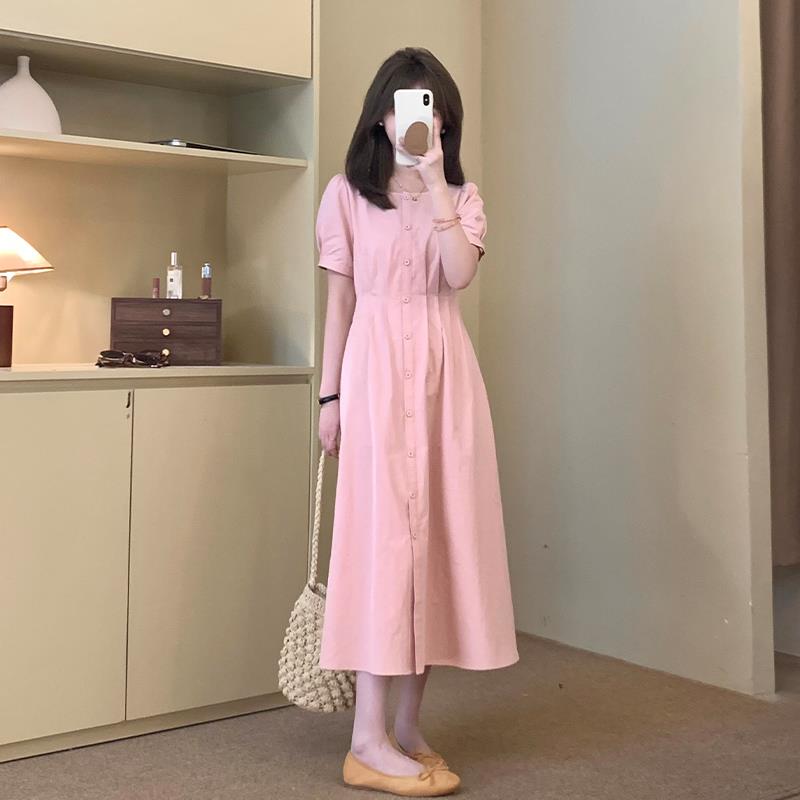 小个子短袖连衣裙2025新款裙子女夏今年流行爆款法式褶皱收腰长裙