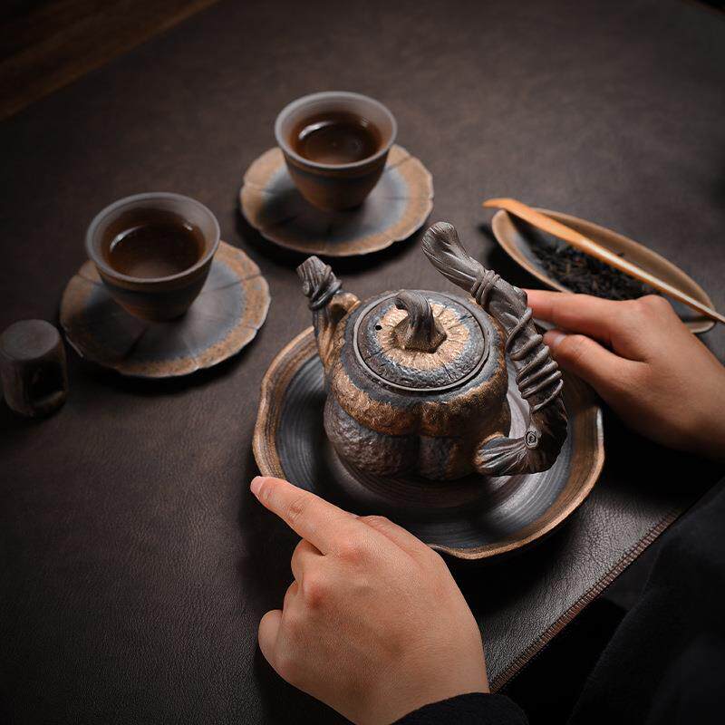 德玉堂粗陶复古鎏金茶壶创意陶瓷 南瓜壶老岩泥功夫泡茶器分茶壶