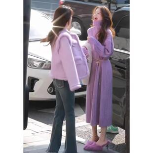 欧洲站秋冬2024新款女装法式高级感高领毛衣裙长款紫色针织连衣裙