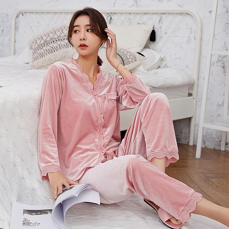 金丝绒睡衣女秋冬款加厚长袖蕾丝外穿甜美两件套网红高级感家居服