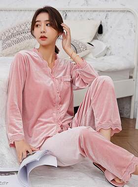 金丝绒睡衣女秋冬款加厚长袖蕾丝外穿甜美两件套网红高级感家居服
