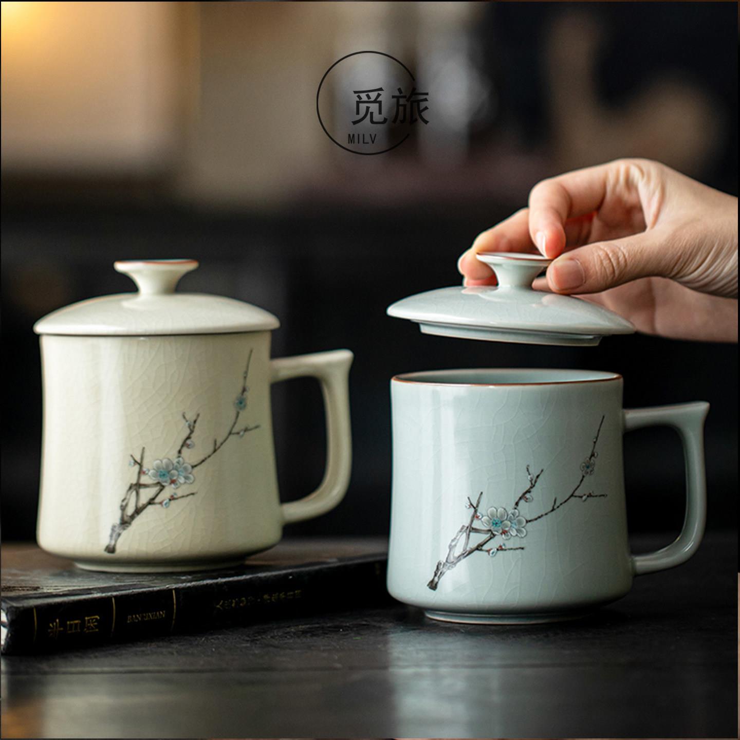 高档汝窑泡茶杯喜上眉梢陶瓷茶杯个人专用办公室带盖子水杯马克杯